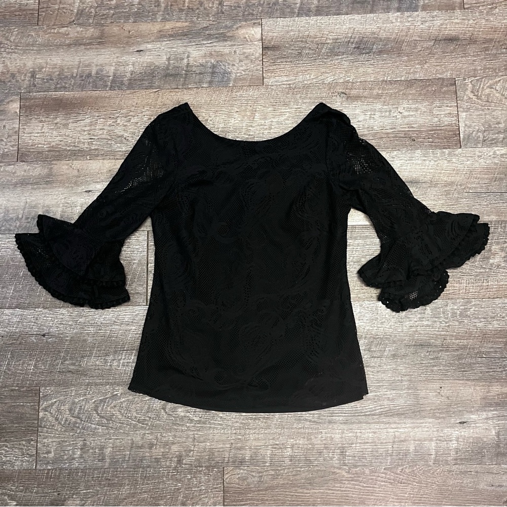 Lilly Pulitzer Black Lace Blouse with Ruffled Sleeves Office Siren S